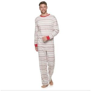 Lauren Conrad Men's White/Red/Gray Cotton Knit Fairisle Print Pajama Set EUC